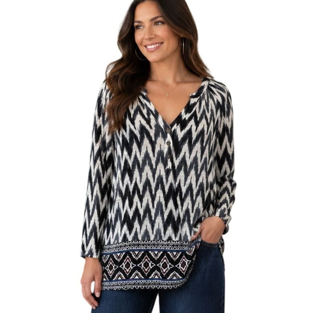 Lucky Brand Boho Top Womens Medium Blue Mixed Print Aztec IKAT Henley Knit